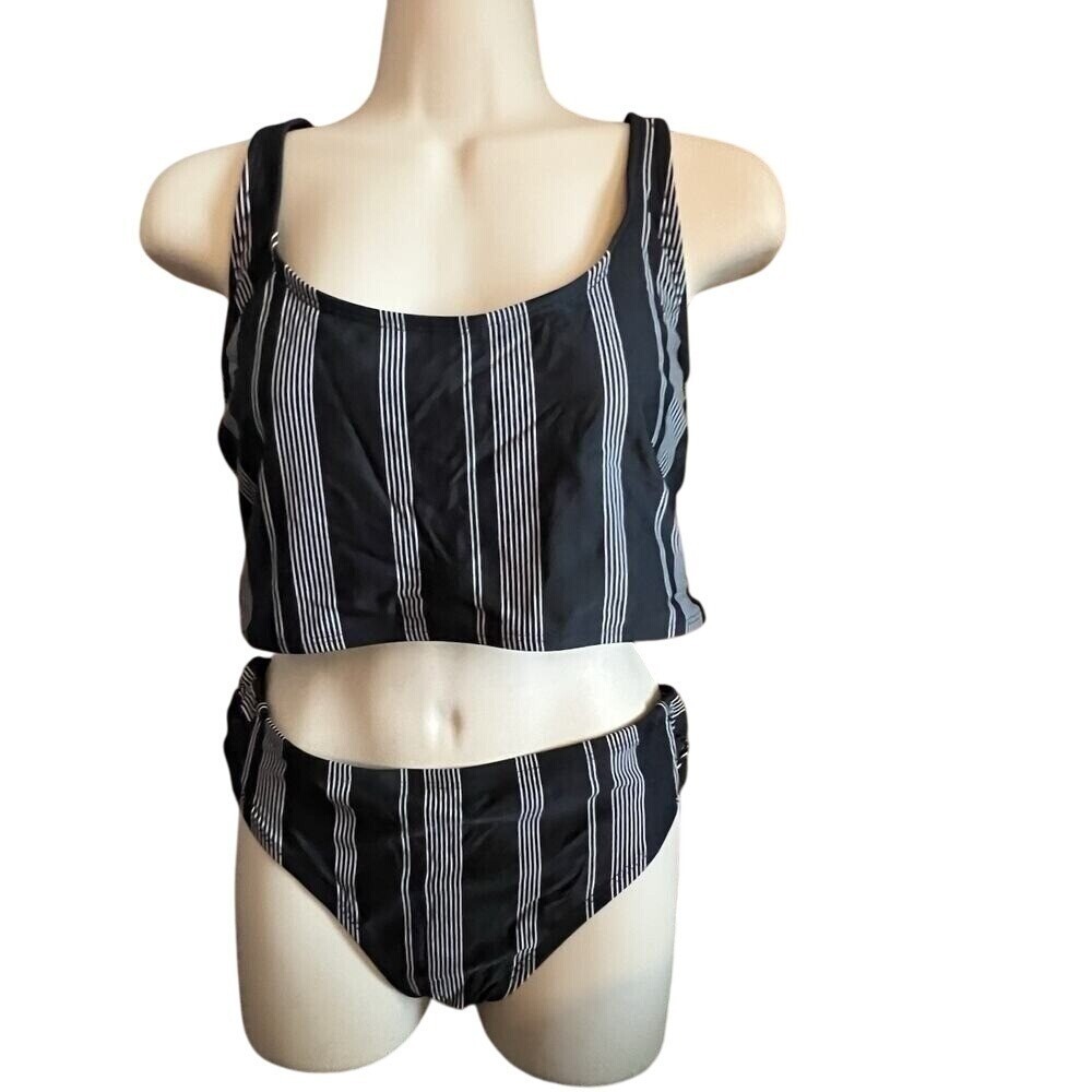Aqua Couture Womens Bikini Set Black White Striped High Waist Top L Bottom XL